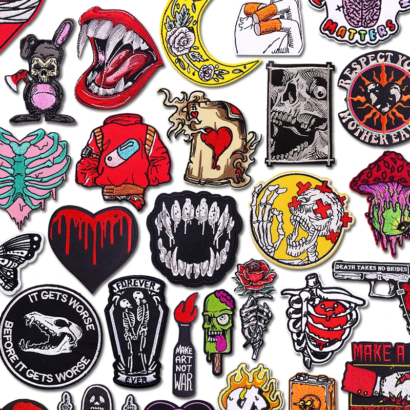 Parche termoadhesivo para planchar con calavera Punk para ropa, parches bordados para coser/remendos fibles, insignias adhesivas DIY