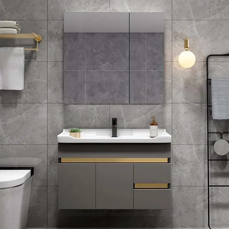 Combinación de mueble de baño de madera maciza de lujo ligero, lavabo de baño de unidad pequeña moderna y minimalista, lavado - imagen 2