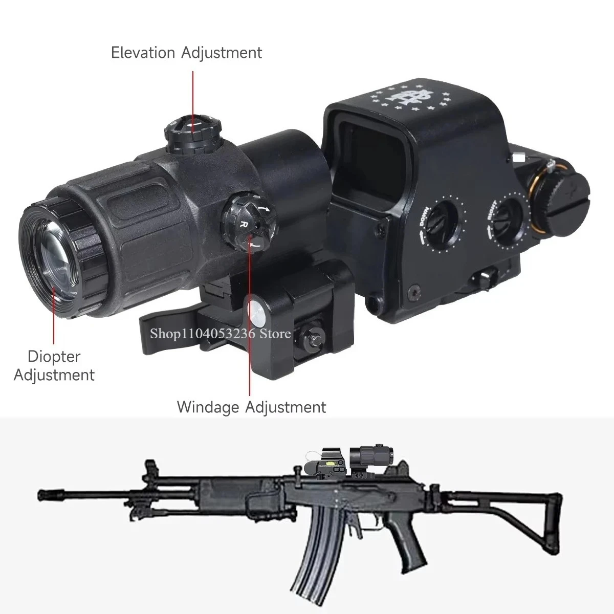E * T * CH 558 DC * mira holográfica de punto rojo verde con lupa G33/G43/G45 3X 5X para caza Airsoft compatible con soportes de riel de 20mm y palanca QD - imagen 2