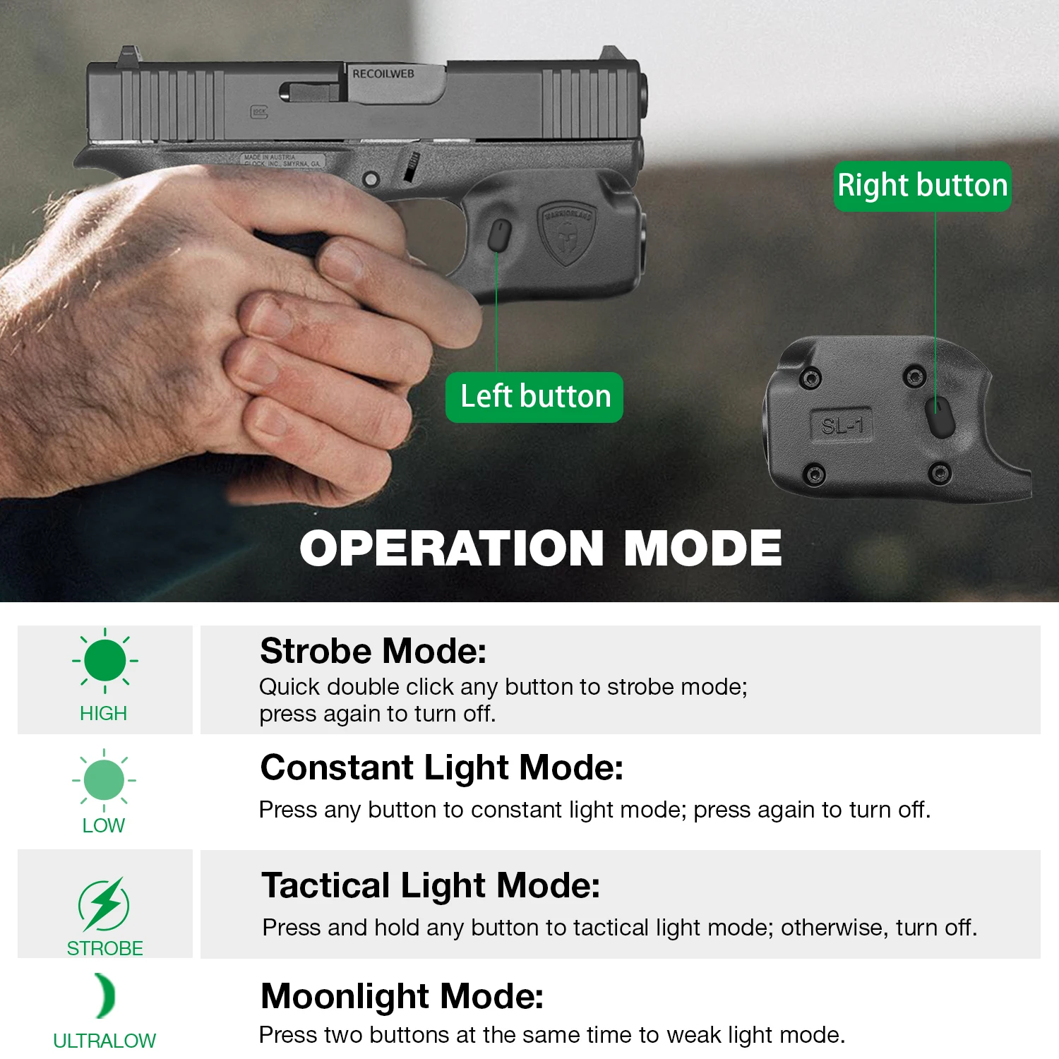 Solo para Glock G42 G43/G43X G48 (no apto para G43X con riel o MOS), Mini luz táctica para pistola de 150 lúmenes, pieza accesorio para pistola - imagen 2