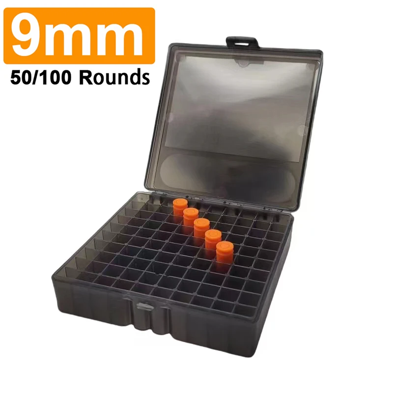 Caja de balas de 50/100 balas, soporte de carcasa de cartucho de pistola, caja de municiones portátil con tapa abatible para accesorios de caza de municiones de 9mm.223