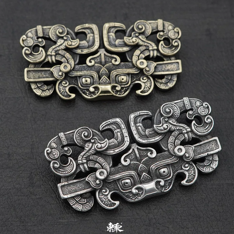 Taotie-hebilla de tela de doble tornillo de grano Phoenix, diseño Original, estilo nacional, hebilla de cuero con cara de Animal, S925 - imagen 2