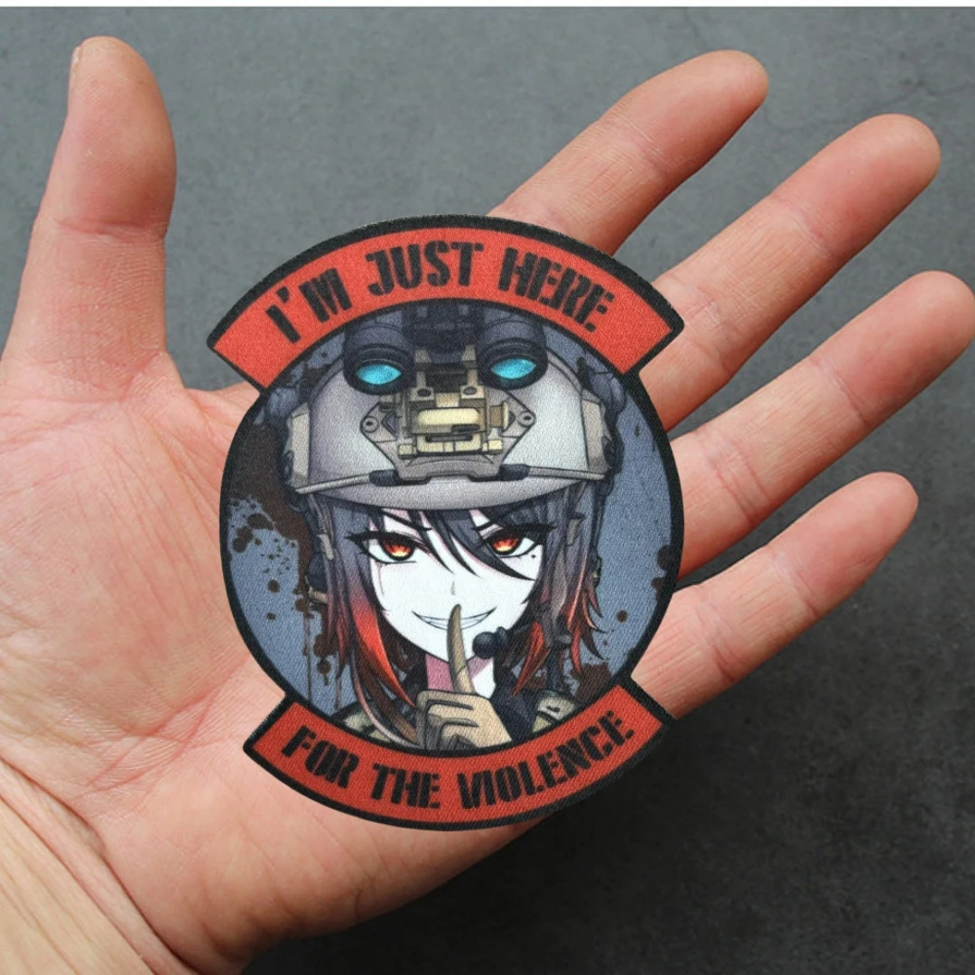 I'm Here for The Violence moral Badge, parche militar, pegatina de chica de Anime táctico, parches de impresión de gancho y bucle, mochila - imagen 5