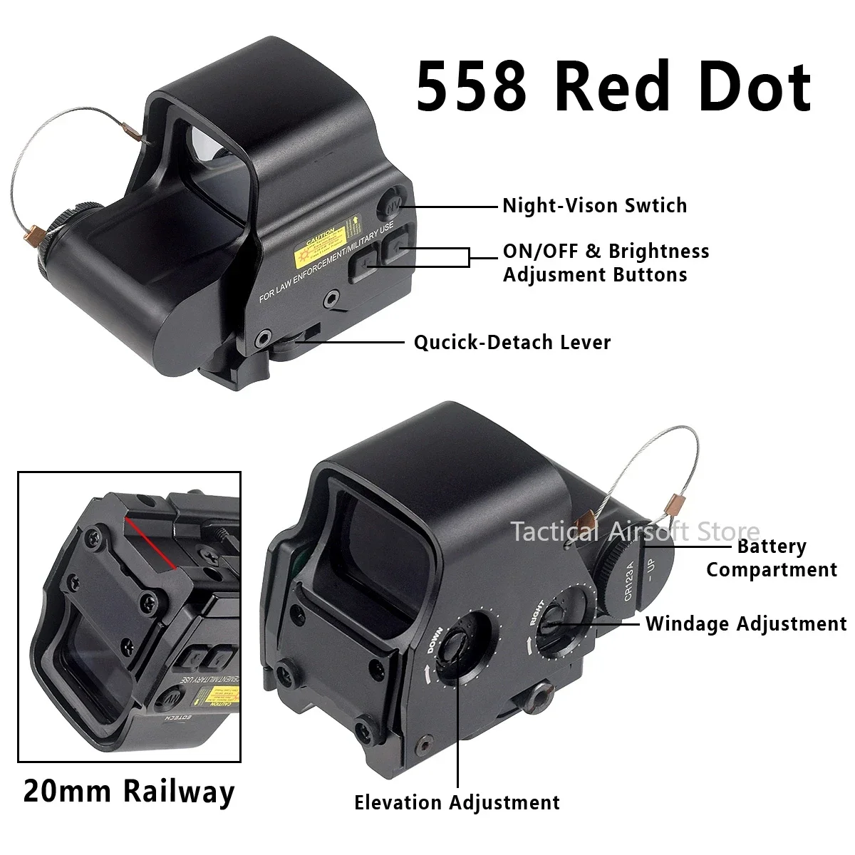 Lupa G43/G45/G33 3X 5X, mira óptica con tapa lateral, montaje en riel Picatinny, palanca QD 558, mira de punto rojo, reflejo táctico para caza - imagen 2