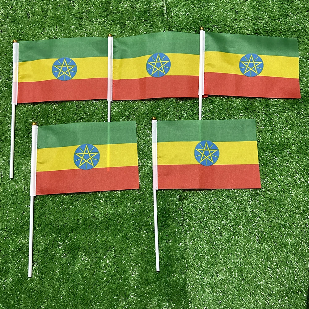 Bandera de esquí, bandera de mano de Etiopía, 10/20/50/100 Uds., 21x14cm, banderas onduladas a mano de Etiopía con poste de plástico para actividades deportivas, decoración del hogar