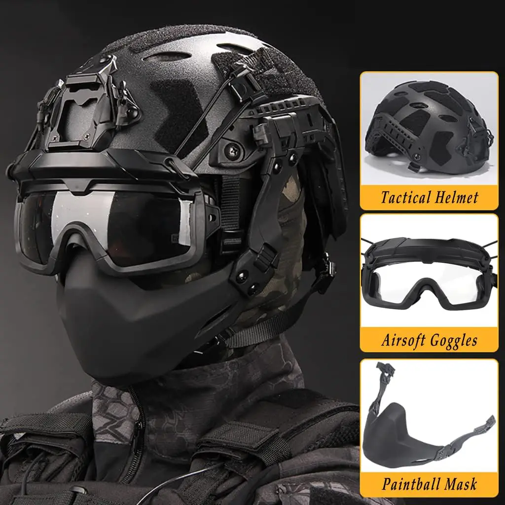Casco Airsoft con máscara táctica y gafas, conjunto de casco rápido ajustable para exteriores, equipo de juego de Paintball de tiro para BB Sport CQB - imagen 2