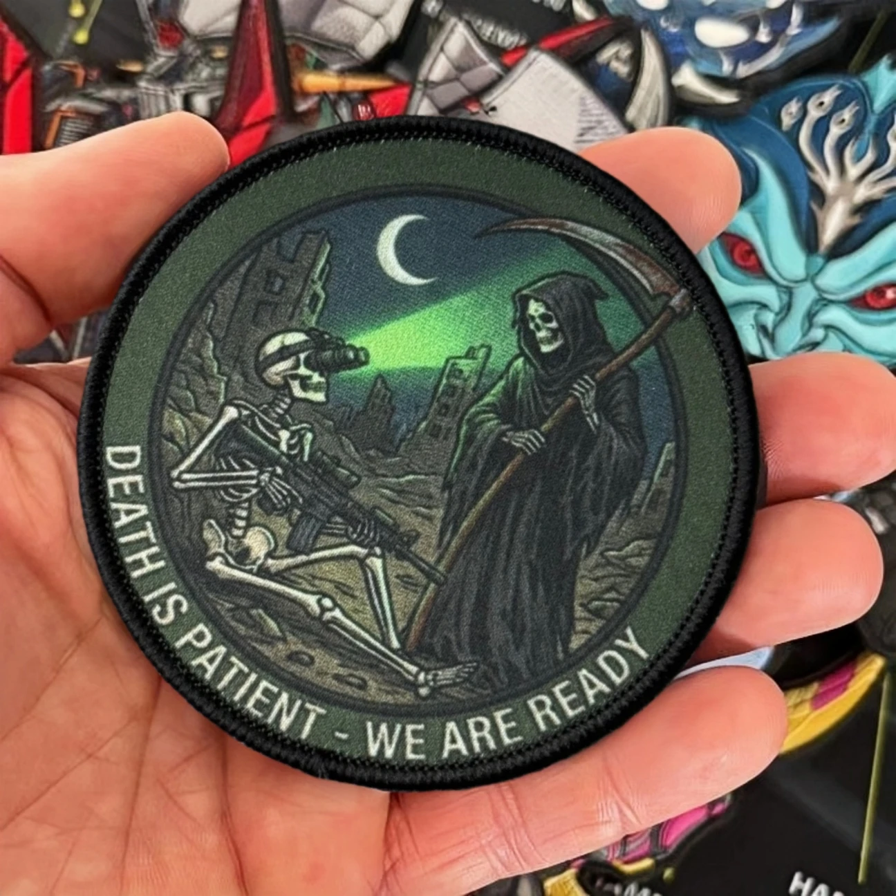 Parche táctico de moral de soldados de la muerte y el esqueleto "Death Is Patient We Are Ready", brazalete con gancho y bucle impreso, pegatina para mochila - imagen 4