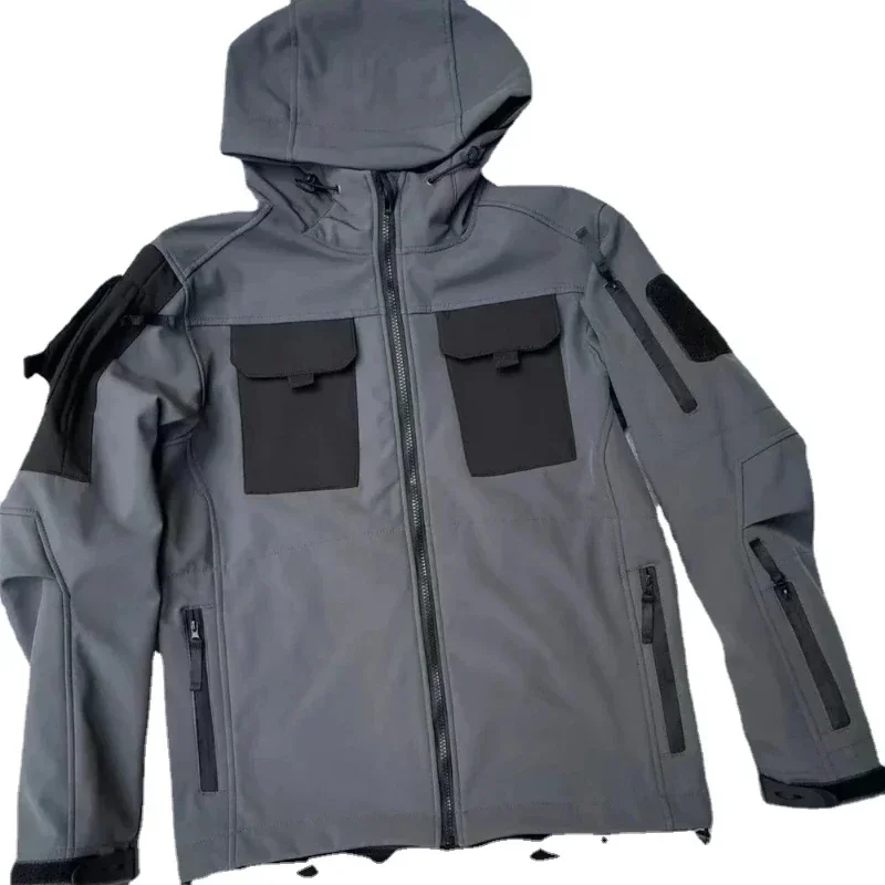 Chaquetas tácticas de piel de tiburón para hombre, chaqueta con capucha impermeable a prueba de viento, uniformes funcionales para exteriores con múltiples bolsillos - imagen 4