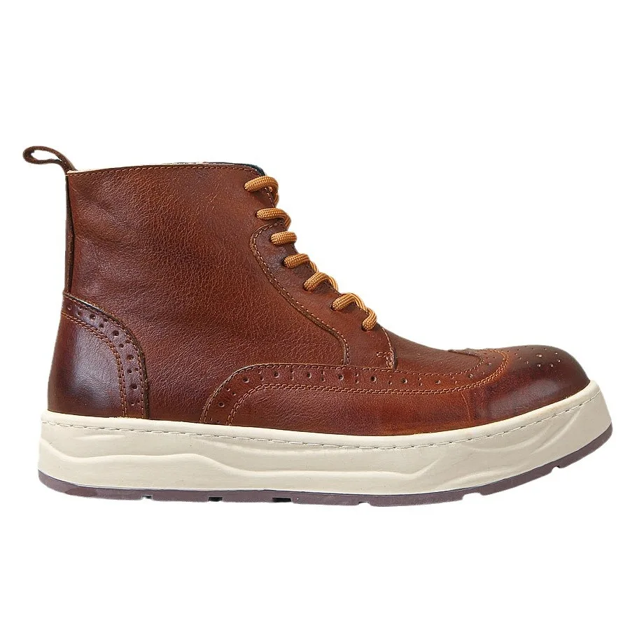 KOWM zapatos de senderismo de piel de vaca, botas para caminar para hombre, botas altas británicas para motocicleta, zapatos de trekking, zapatillas informales con suela gruesa en el tobillo - imagen 5