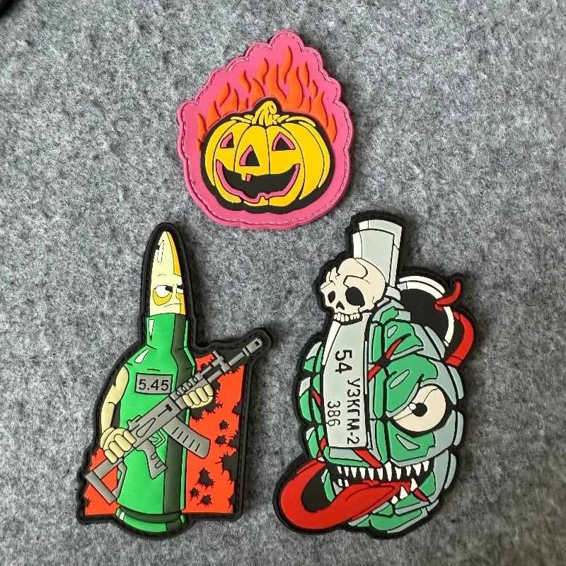 Parche de calabaza llameante de PVC, insignia de moral táctica de granada de mano de dibujos animados, parches de gancho y bucle DIY para mochila de ropa