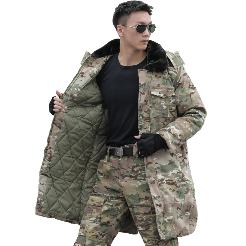 HAN WILD-abrigo largo de camuflaje para hombre, Parkas gruesas y cálidas, abrigo desmontable con cuello de piel, rompevientos militar, Invierno - imagen 2