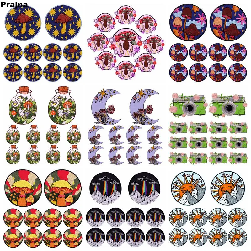 10 unids/lote parche de dibujos animados/champiñones parche bordado de sol y Luna parches para planchar para ropa parches de letras en ropa pegatina para coser