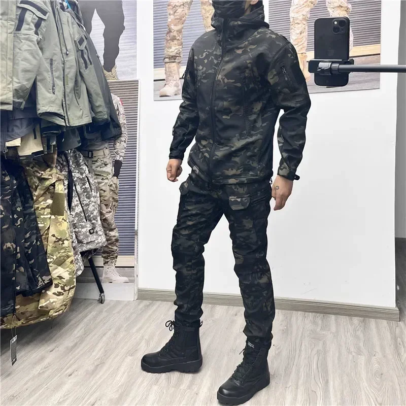 Conjunto de combate de camuflaje para hombre, traje táctico de entrenamiento impermeable de lana con capucha, chaqueta con múltiples bolsillos, pantalones Cargo resistentes al desgaste, invierno, 2/3 Uds. - imagen 5