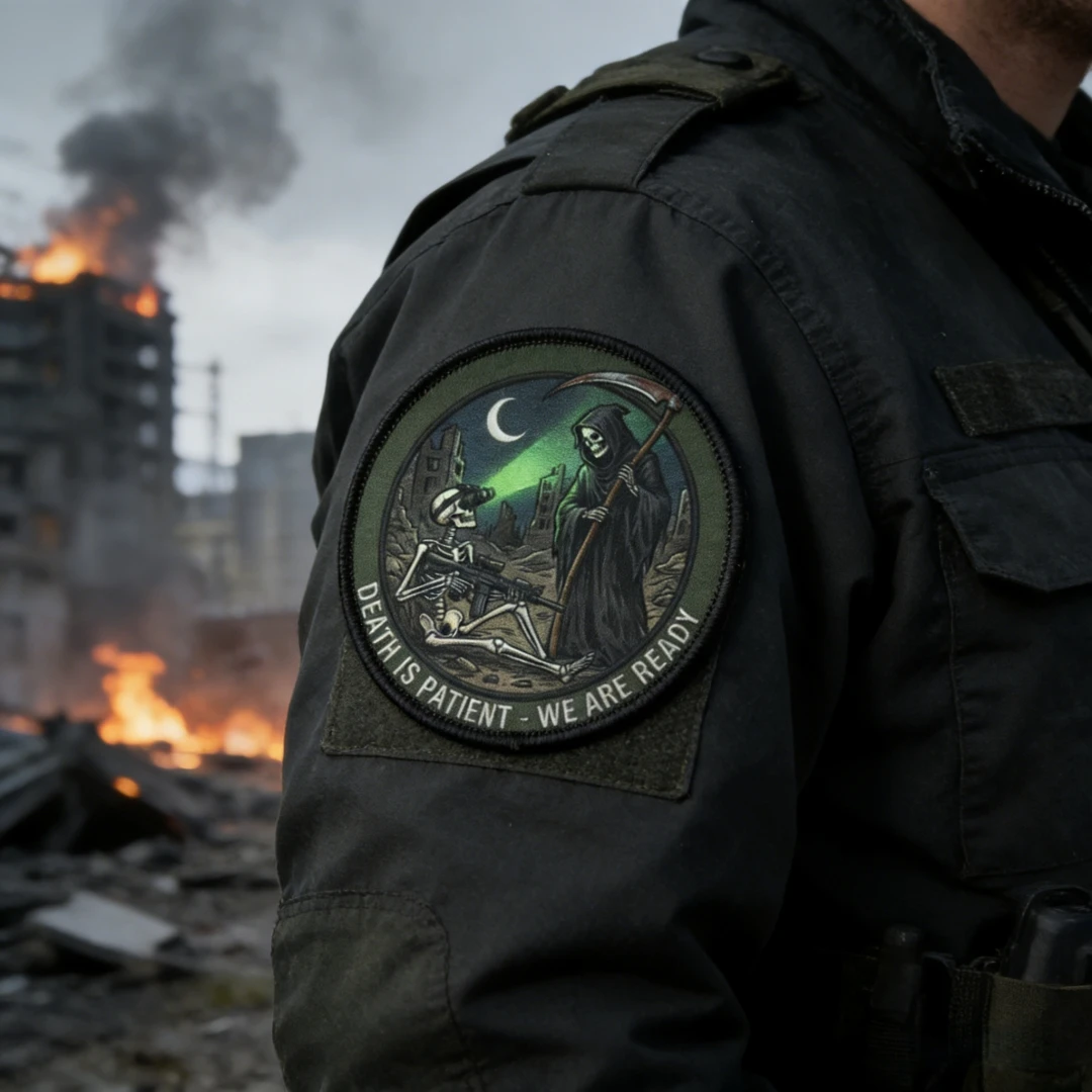 Parche táctico de moral de soldados de la muerte y el esqueleto "Death Is Patient We Are Ready", brazalete con gancho y bucle impreso, pegatina para mochila - imagen 5