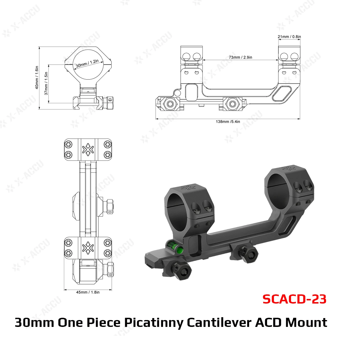 Montura de visor Vector Optics X-ACCU de 30 mm en una sola pieza con soporte cantilever Picatinny/Dovetail ACD con nivel de burbuja de aire e indicador de coseno. - imagen 2