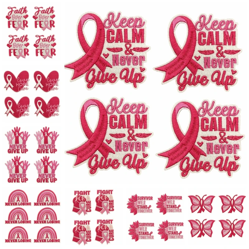 10PCS Liefde En Hoop Roze Lint Geborduurde DIY Cartoon Patch Ijzer op Patches Voor Kleding Jassen Jeans Hoeden Borduren badges