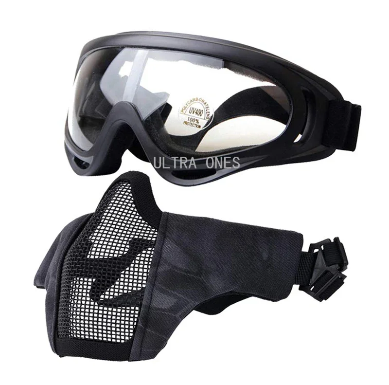 Juego de gafas y máscaras tácticas, máscaras de malla de acero plegables de media cara para tiro al aire libre, protección para juegos de Paintball Cs - imagen 3