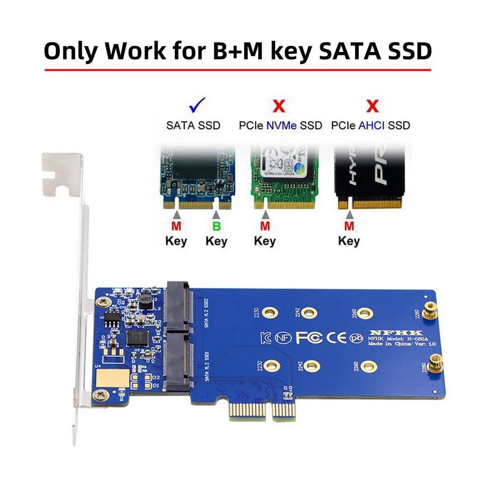 Adaptador de escritorio de placa base, convertidor de tarjeta SSD JMB582 2280 Dual SATA NGFF Key B + M SSD a PCI-E 1x - imagen 3