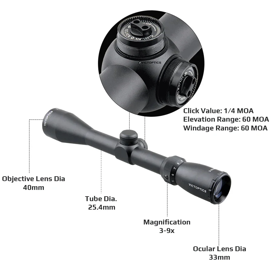 Victoptics-mira óptica para Rifle de caza, accesorios Airsoft, equipo de caza, ajuste Moa 1/4, 3-9X40 - imagen 3
