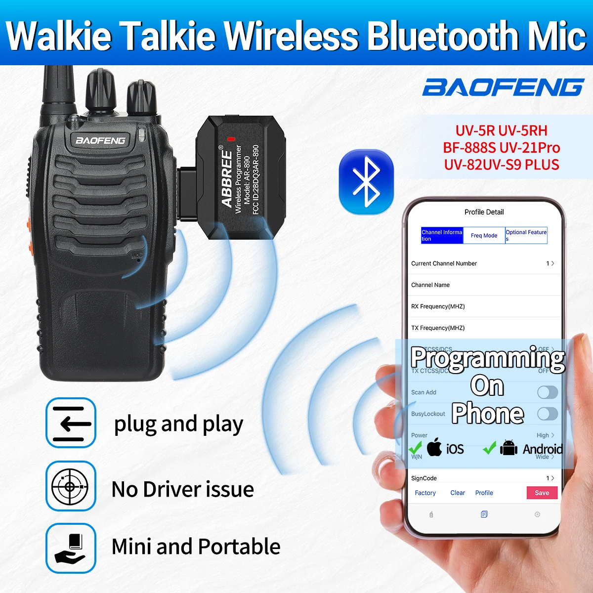 ABBREE programador inalámbrico Bluetooth programación de aplicaciones de teléfono para Baofeng Walkie Talkie UV-5R BF-888S UV-21 PRO V2 Quansheng UV-K5 - imagen 3