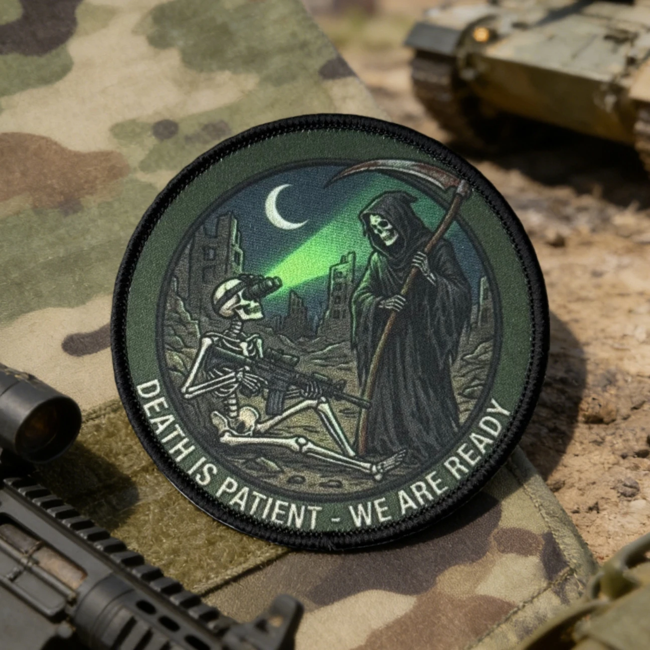 Parche táctico de moral de soldados de la muerte y el esqueleto "Death Is Patient We Are Ready", brazalete con gancho y bucle impreso, pegatina para mochila - imagen 2