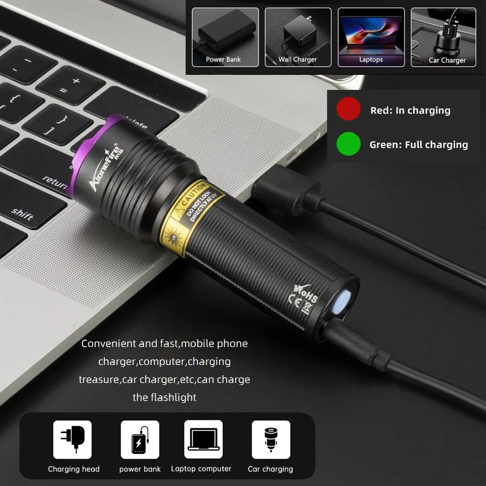 Linterna táctica UV recargable USB con zoom ajustable - imagen 5