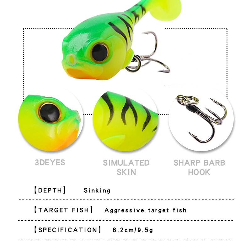 62mm 9,5g cebo blando Jighead hundimiento Micro Señuelos de Pesca Artificial Crankbait cola Wobblers triple Swimbait trucha aparejos de pesca - imagen 4