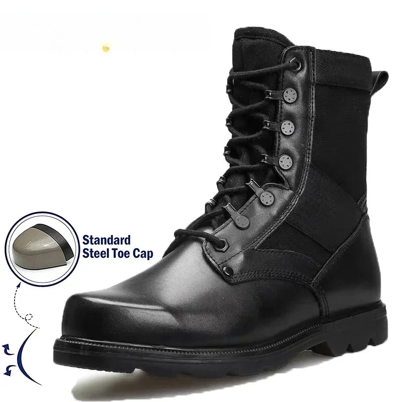Botas de combate tácticas para hombre, botas de seguridad ultraligeras con punta de acero para el trabajo, botas altas transpirables, zapatos negros lisos para hombre - imagen 2