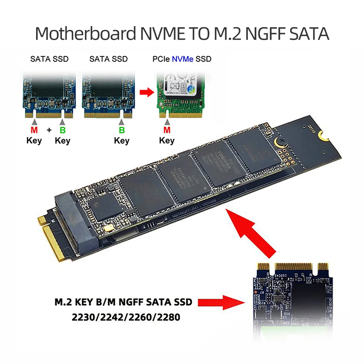 NGFF Key B + M SATA SSD a NVME m-key placa base adaptador de escritorio convertidor tarjeta SSD JMB582 2280 - imagen 2