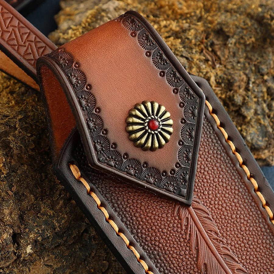 Juego de almacenamiento de cuchillos plegables, juego de cuchillos estampado cosido a mano de cuero curtido vegetal, capa superior de cuero de vaca, funda para cuchillos para exteriores - imagen 3