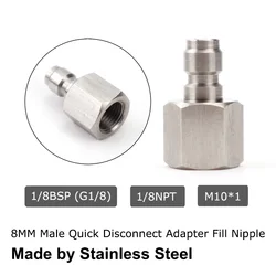 Rosca de enchufe de desconexión rápida 1/8NPT 1/8BSP M10 * 1, pezón de relleno de acero inoxidable para herramienta de aire, adaptador de manguera de relleno de látigo de carga, nuevo