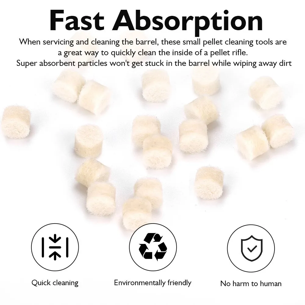 100 Uds almohadillas de limpieza de armas. 17 Cal.22 Cal.30 Cal 9mm limpiador de orificios de pistola cámara de fieltro de lana herramientas de limpieza de armas accesorios de caza - imagen 3