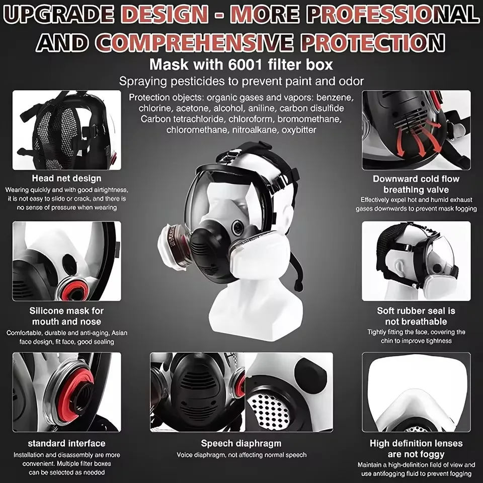 Respirador multi amenaza 6800: protección química/gas/polvo con visera antiniebla y sello facial de silicona para pintura en aerosol/uso de laboratorio - imagen 4