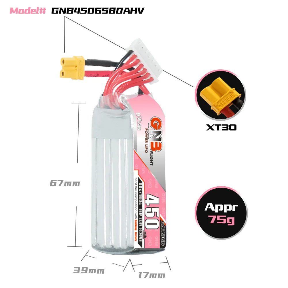 Batería Lipo para Dron de carreras, pieza para cuadricóptero, Helicóptero, Avión, Hobby, 22,8 V, 2 piezas, GNB HV 6S, 450 V, 22,8 mAh, 80C/160C - imagen 3