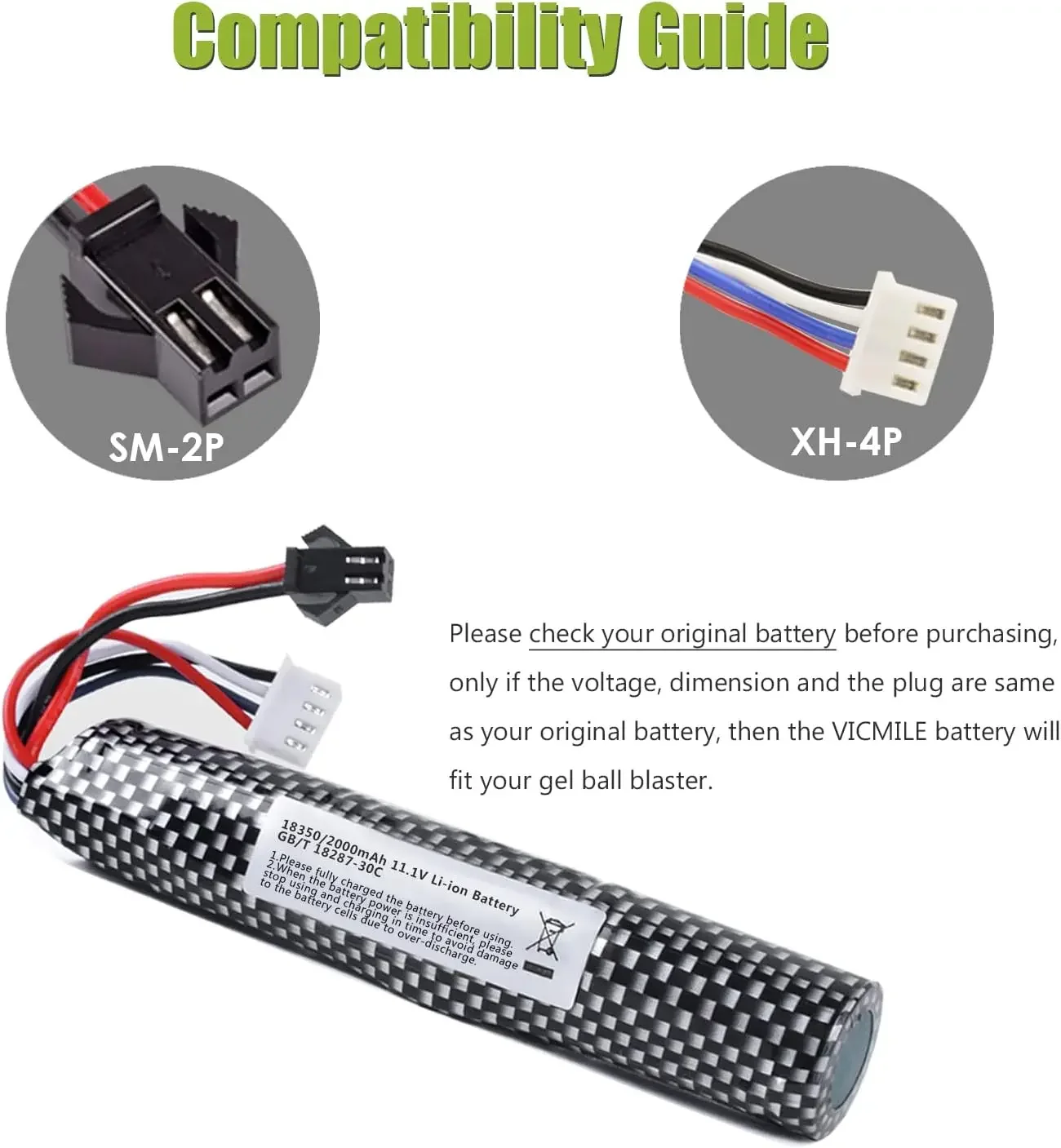 Batería Airsoft 11,1 V 2000mAh 30C SM-2P enchufe con cargador USB para baterías recargables Airsoft Gel Water Bead Blaster - imagen 3