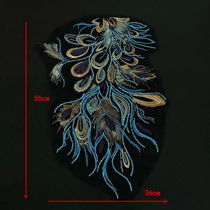 51*40CM/decorios de moda pegatinas de tela de flores 3d de lentejuelas azules, parches de costura bordados de cola de Fénix DIY para vestido de fiesta - imagen 4