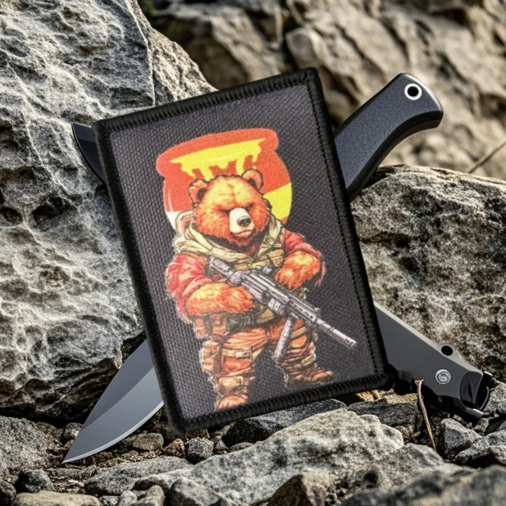 Parche impreso de moral de oso automático, insignia militar táctica divertida, brazalete, gancho y bucle, pegatinas para mochila - imagen 2