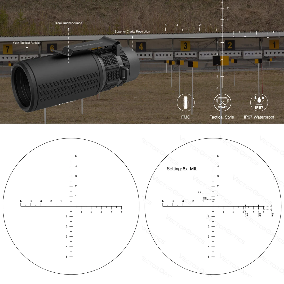 Monocular Vector Optics Paragon 8x42 con Retículo Táctico, Totalmente Multicapa con Recubrimiento Plateado, 6 Grupos 8 Lentes, Impermeable IP67 - imagen 5