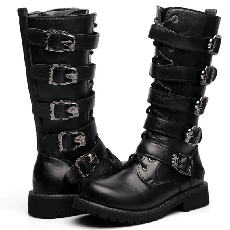 Botas de moto de invierno para hombre, zapatos Punk Rock Punk a media pantorrilla a la moda, botas informales altas de cuero PU negras para hombre 2024 - imagen 2