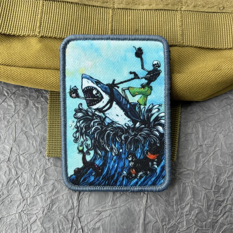 Insignias de moral táctica "Shark Rider", parches para ropa, gancho y bucle, parche estampado militar, brazalete, pegatina para mochila