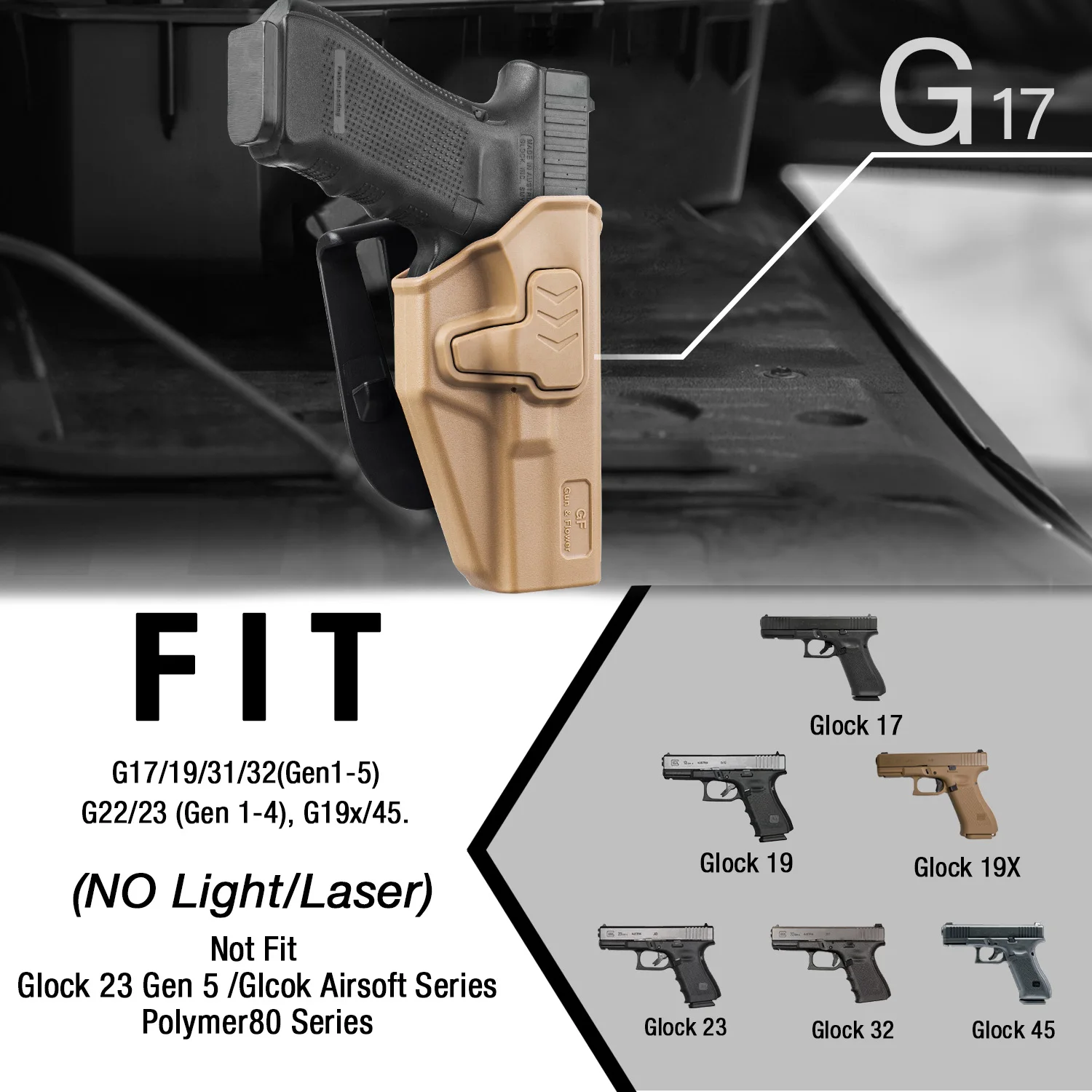 Funda para G17, compatible con OWB G17/19/31/32(Gen1-5), G22/23 (Gen 1-4), G19x/45, funda de transporte abierta para cintura exterior, Nivel I - imagen 3