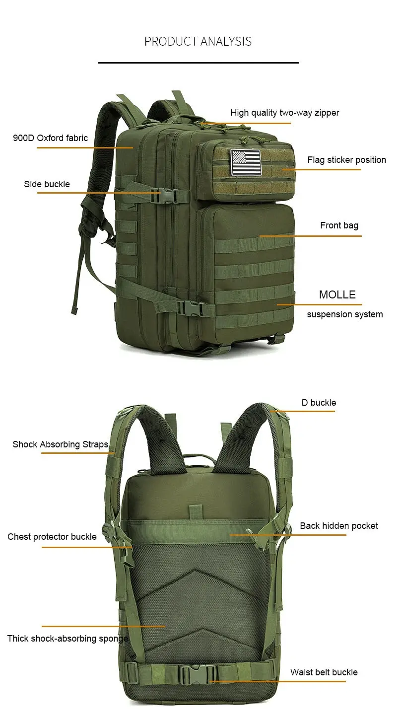 Mochila impermeable para senderismo al aire libre, bolsa de escalada al aire libre con cubierta para lluvia, 3P Molle Assault Bag, 30L/45L - imagen 5