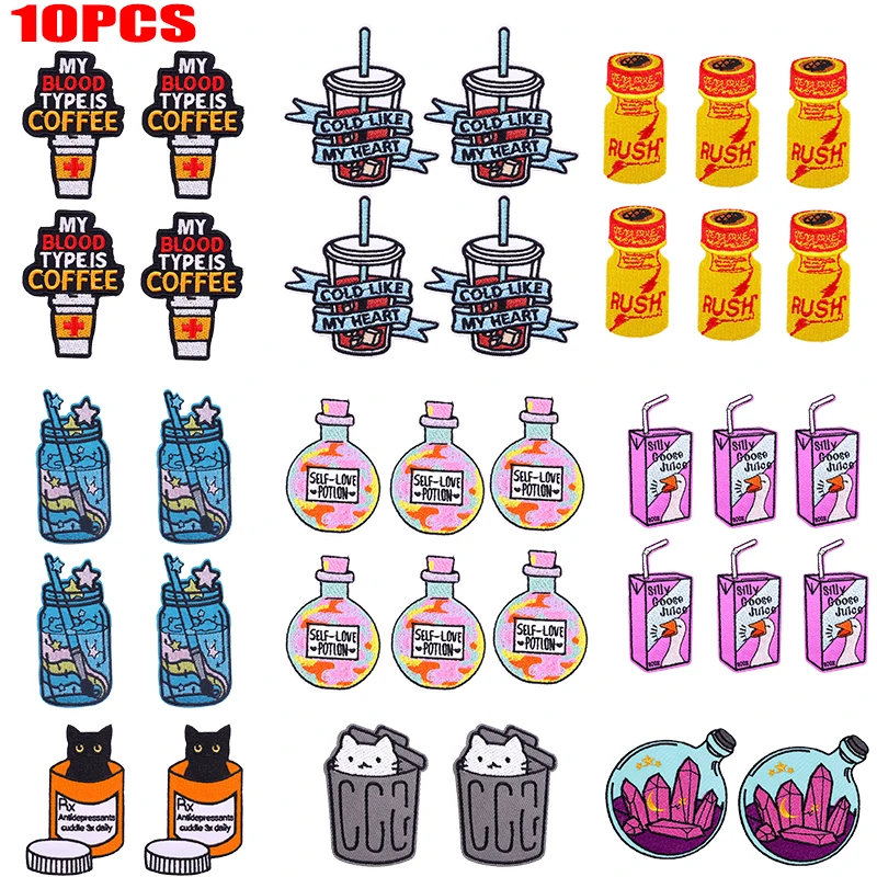 10 Uds. Parches bordados de botella de dibujos animados, parches para planchar para ropa, parches termoadhesivos para ropa, parche para taza de café y bebida