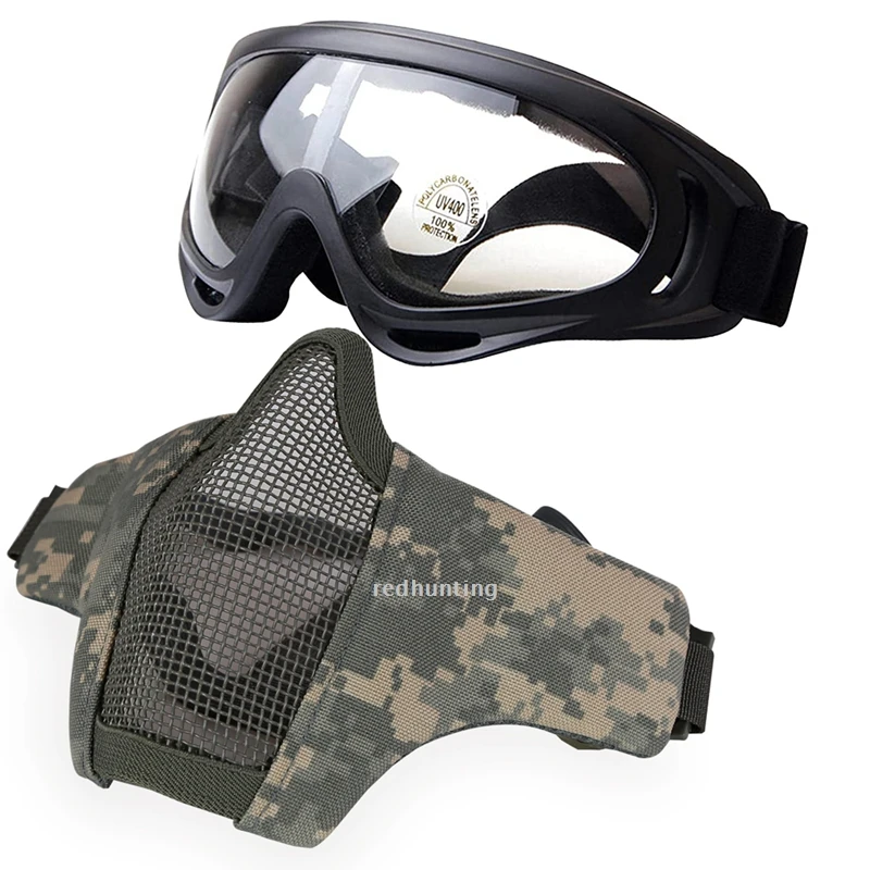Conjunto de máscara táctica para Airsoft, máscara de malla inferior de media cara, máscara de acero plegable, máscara protectora de combate con gafas de caza - imagen 4