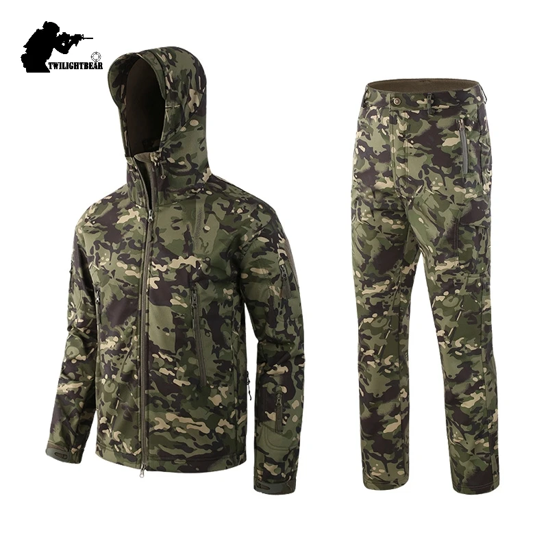 Trajes de camuflaje SoftShell para exteriores para hombre, conjunto de ropa de lana impermeable de gran tamaño 5XL, ropa para hombre, traje de caza para acampar A2F051 - imagen 3
