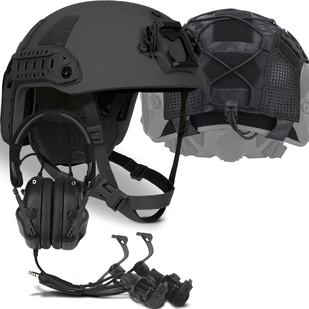 Casco de protección rápida NIJ IIIA, captación de sonido táctica y auriculares con cancelación de ruido con soporte de montaje en riel, montaje NVG de aleación de aluminio