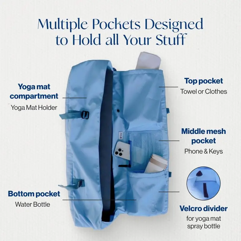 Bolsa para esterilla de yoga, correa de hombro ajustable acolchada para esteras de hasta 26 ", almacenamiento con múltiples bolsillos para elementos esenciales para yoga, pilates y fitness - imagen 3