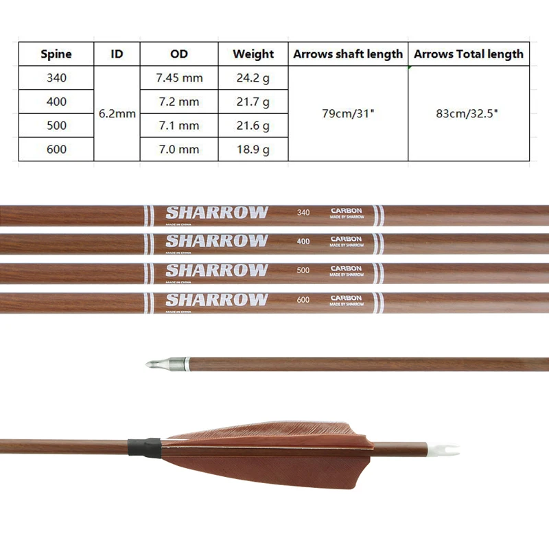 6/12 Uds. Flechas de carbono puro de 32,5 pulgadas tiro con arco columna vertebral 340/400/500/600 ID de grano de madera 6,2mm 4 "plumas de pavo tiro con arco caza - imagen 2