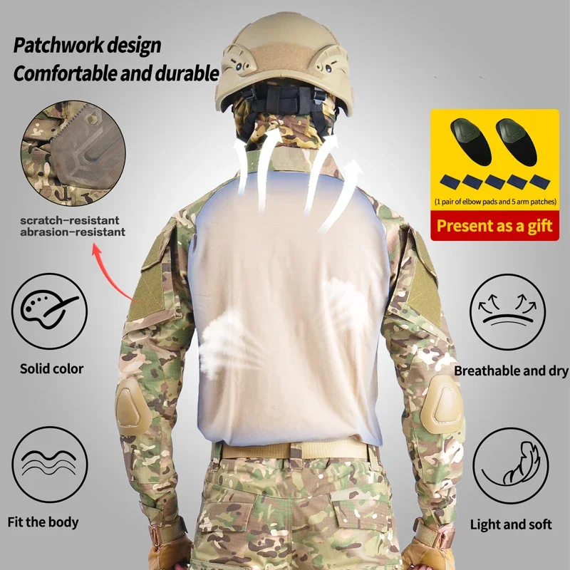 Conjuntos de adiestramiento al aire libre con almohadillas, trajes tácticos, camisetas resistentes al desgaste para hombres, ropa, pantalones Cargo Ripstop, ropa de senderismo de camuflaje - imagen 5