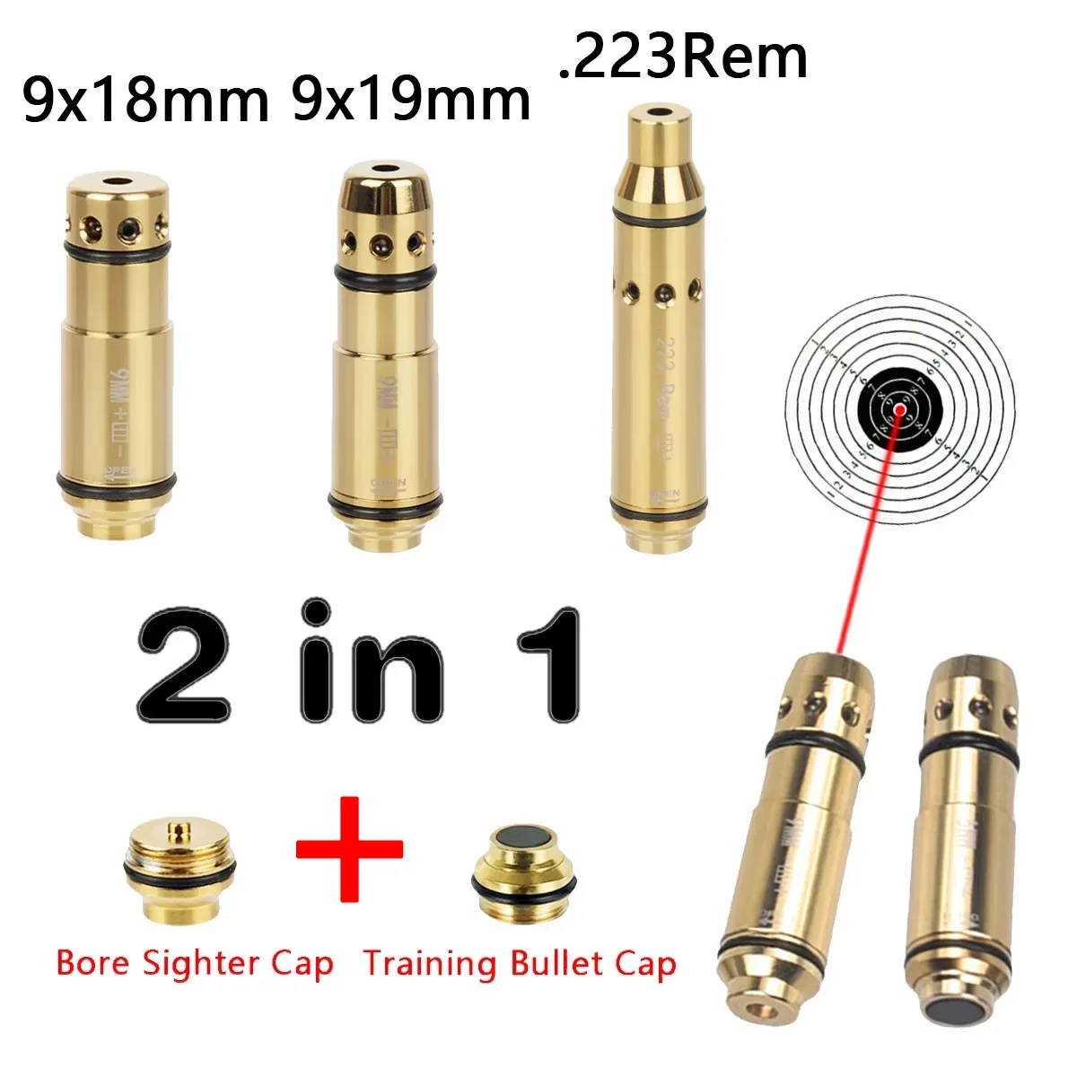 9x19mm 9x18mm.223Rem entrenamiento láser bala diámetro vista 2 en 1 doble uso 9mm láser Boresighter calibrador de fuego seco G19 G43 - imagen 2